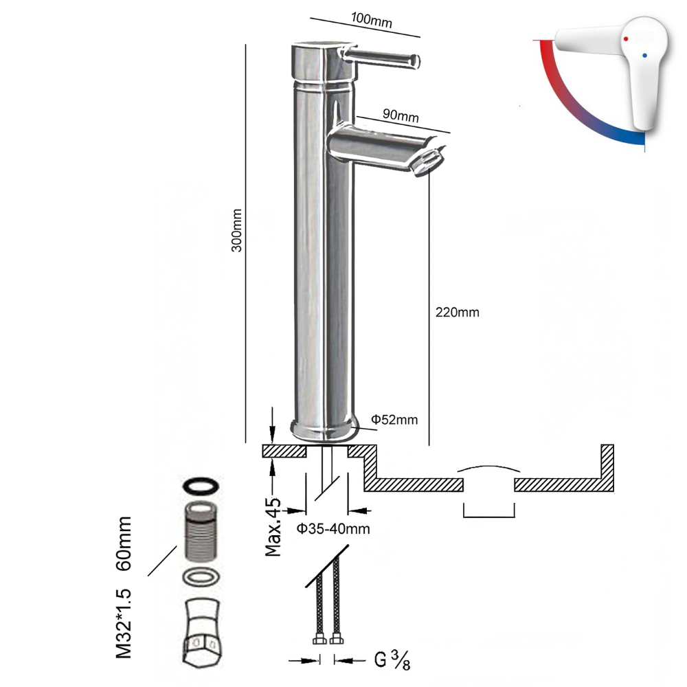 Mitigeur Lavabo Chromé Avec Bec Haut Et Ouverture À Froid - ALTADAT CROME GRIFERS