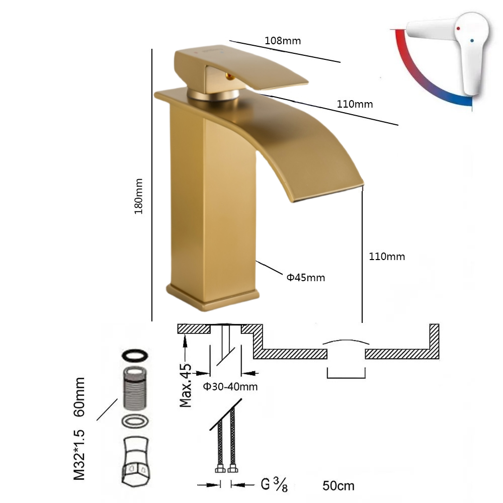 Mitigeur Lavabo Or Brossé Cascade Bec Bas – FONTEA BASIS AURI GRIFERS
