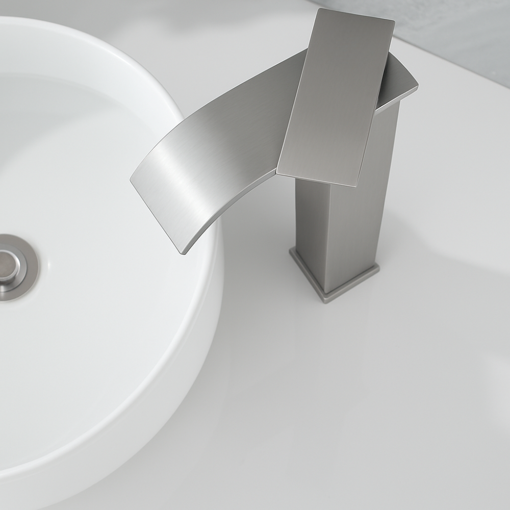 Mitigeur Lavabo Acier Brossé Bec Haut Cascade – FONTEA ALTUS HIBERA GRIFERS
